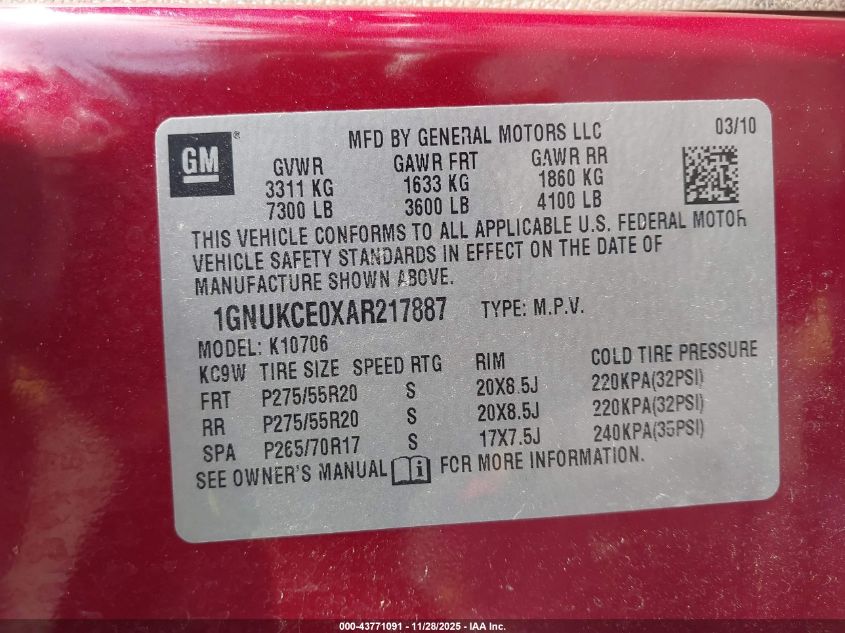 2010 Chevrolet Tahoe Ltz VIN: 1GNUKCE0XAR217887 Lot: 43771091