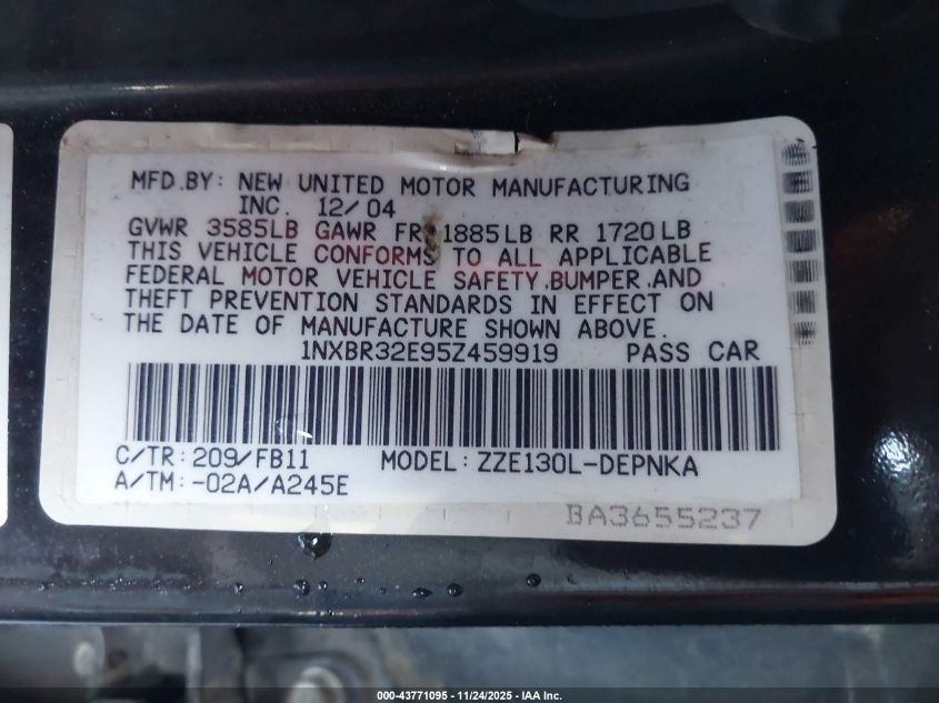 2005 Toyota Corolla Le VIN: 1NXBR32E95Z459919 Lot: 43771095