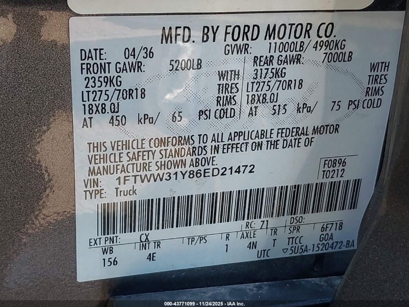 2006 Ford F-350 Lariat/Xl/Xlt VIN: 1FTWW31Y86ED21472 Lot: 43771099