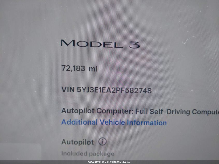 2023 Tesla Model 3 Rear-Wheel Drive VIN: 5YJ3E1EA2PF582748 Lot: 43771118