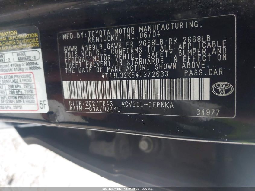 2004 Toyota Camry Le VIN: 4T1BE32K54U372633 Lot: 43771137