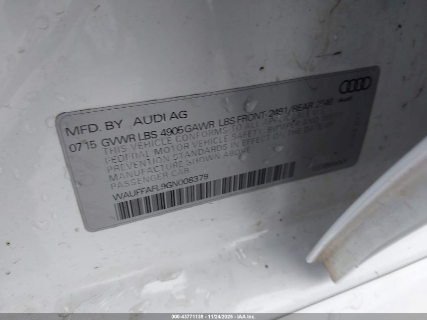 2016 Audi A4 2.0T Premium VIN: WAUFFAFL9GN008379 Lot: 43771139