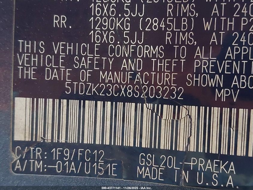 2008 Toyota Sienna Le VIN: 5TDZK23CX8S203232 Lot: 43771141