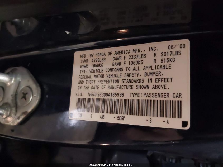 2009 Honda Accord 2.4 Lx VIN: 1HGCP26309A165996 Lot: 43771149