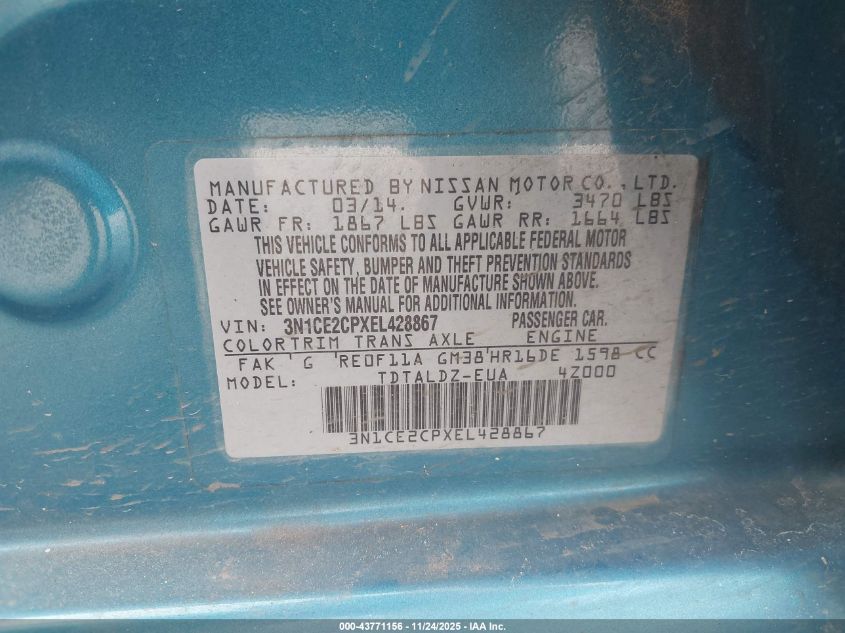 2014 Nissan Versa Note Sv VIN: 3N1CE2CPXEL428867 Lot: 43771156