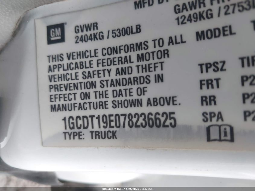 2007 Chevrolet Colorado Work Truck VIN: 1GCDT19E078236625 Lot: 43771158