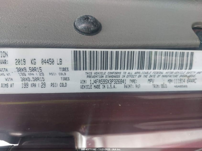 2003 Jeep Wrangler Sahara VIN: 1J4FA59SX3P326841 Lot: 43771162