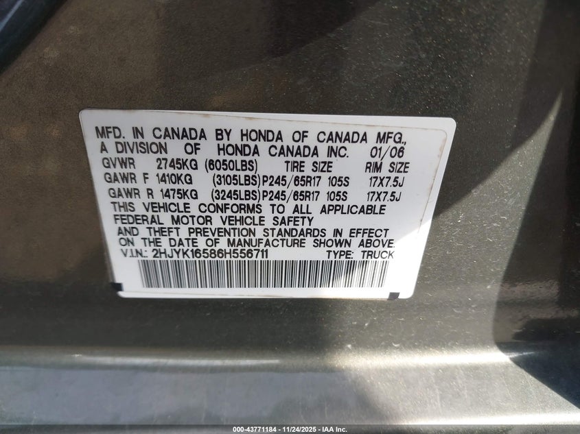 2006 Honda Ridgeline Rtl VIN: 2HJYK16586H556711 Lot: 43771184