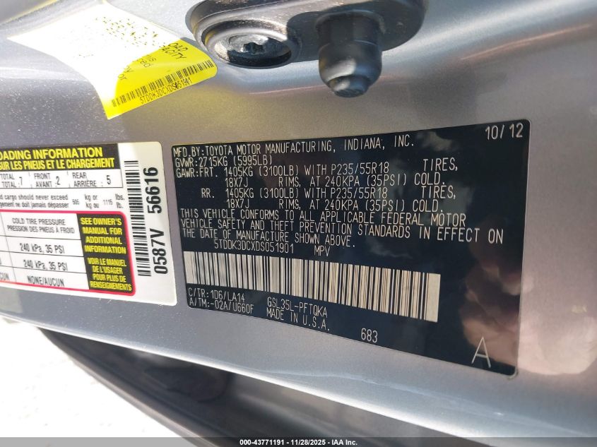 2013 Toyota Sienna Limited 7 Passenger VIN: 5TDDK3DCXDS051901 Lot: 43771191