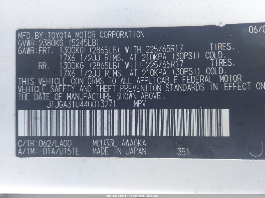 2004 Lexus Rx 330 VIN: JTJGA31U440013271 Lot: 43771214