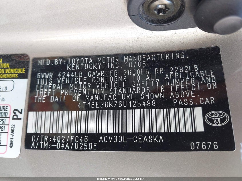 4T1BE30K76U125488 2006 TOYOTA CAMRY photo no. 9