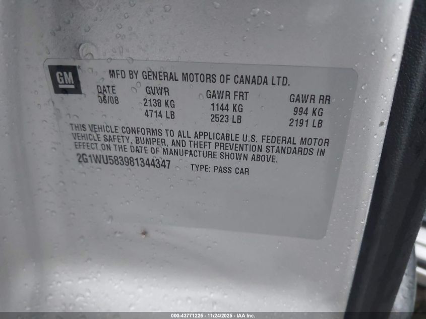 2008 Chevrolet Impala Ltz VIN: 2G1WU583981344347 Lot: 43771225