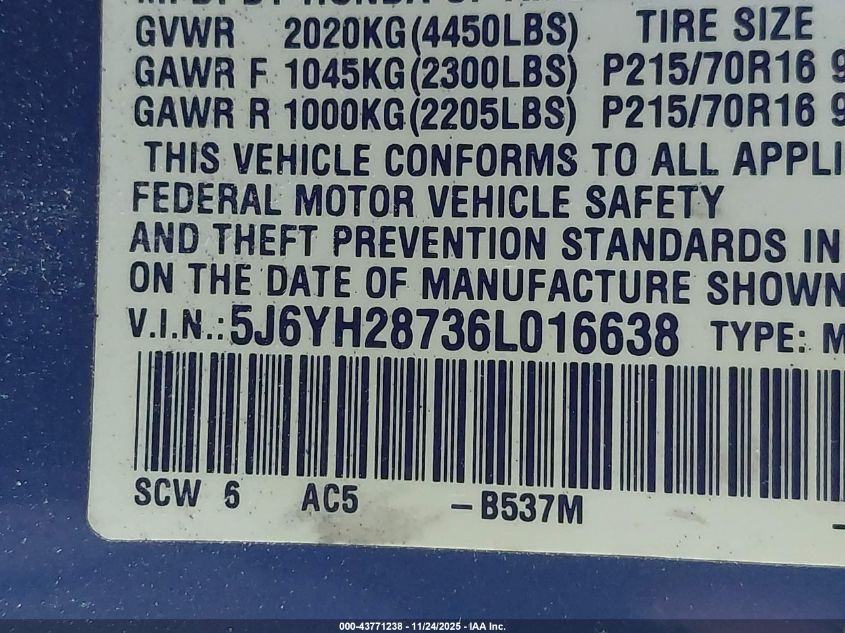 2006 Honda Element Ex-P VIN: 5J6YH28736L016638 Lot: 43771238