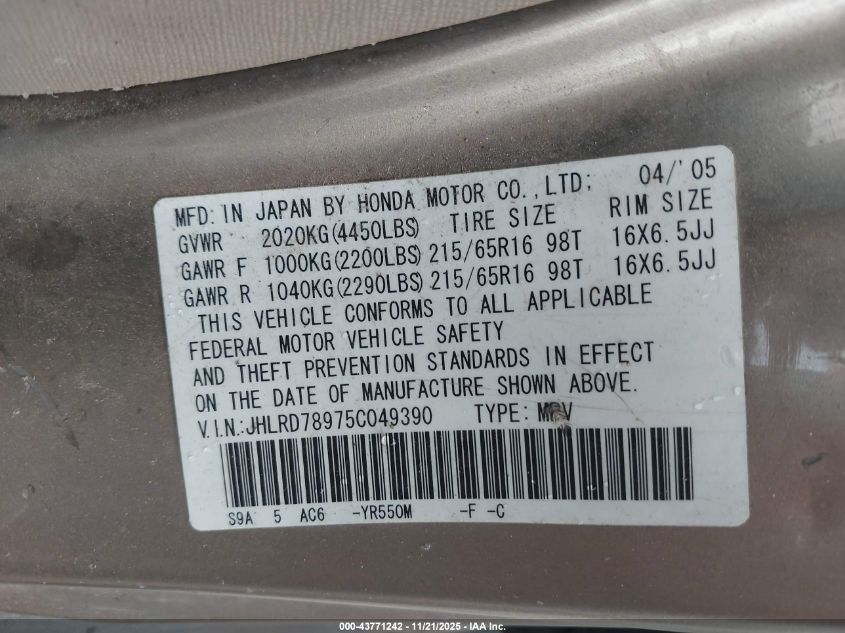 2005 Honda Cr-V Se VIN: JHLRD78975C049390 Lot: 43771242