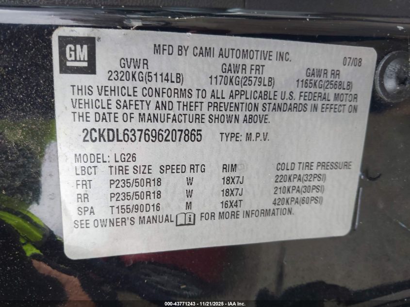 2009 Pontiac Torrent Gxp VIN: 2CKDL637696207865 Lot: 43771243