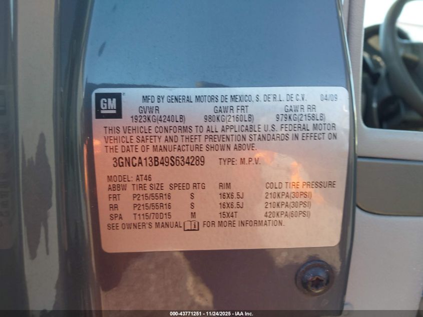 2009 Chevrolet Hhr Ls VIN: 3GNCA13B49S634289 Lot: 43771251