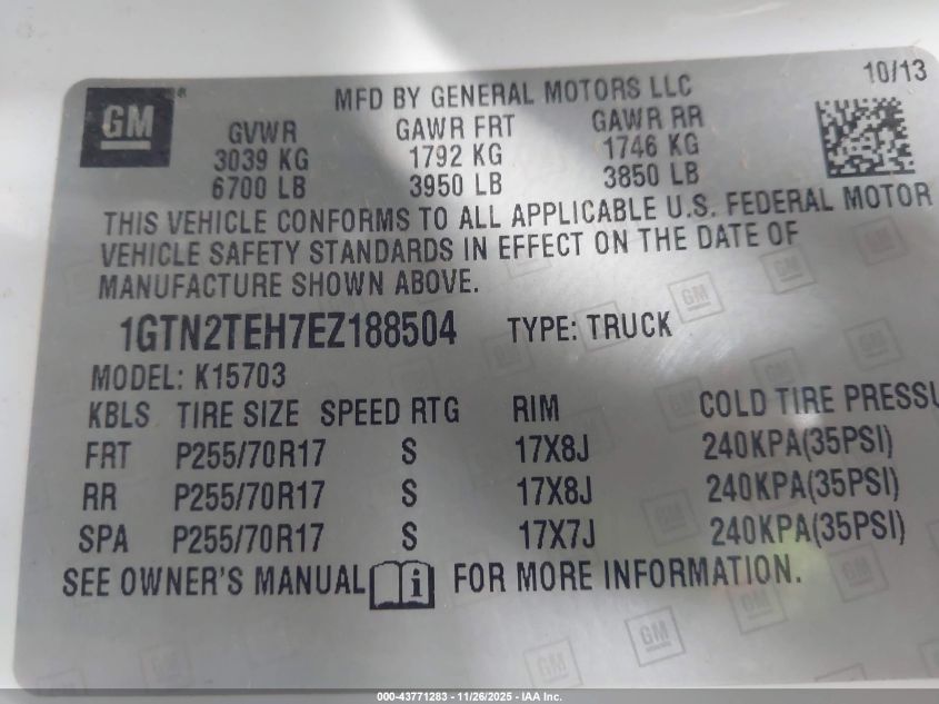 2014 GMC Sierra 1500 VIN: 1GTN2TEH7EZ188504 Lot: 43771283