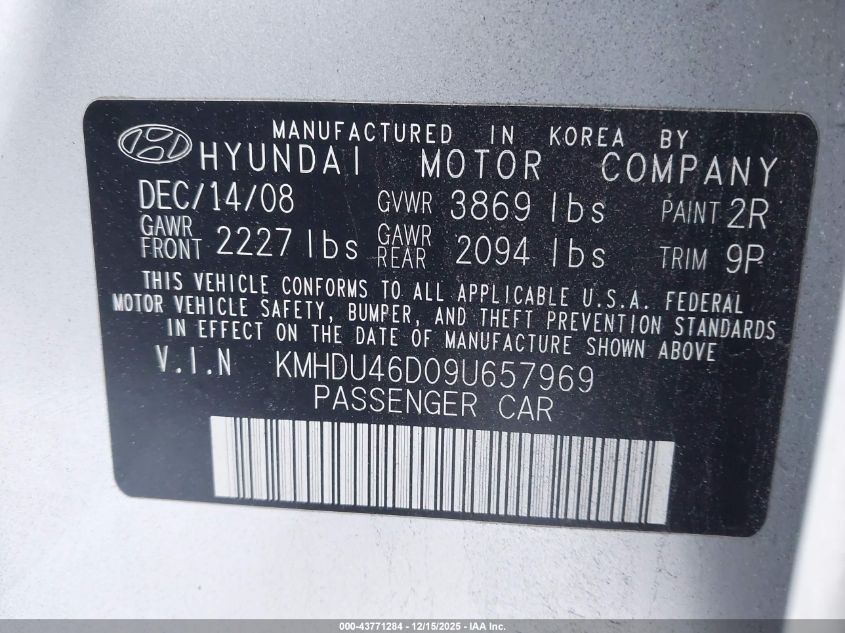 2009 Hyundai Elantra Se VIN: KMHDU46D09U657969 Lot: 43771284