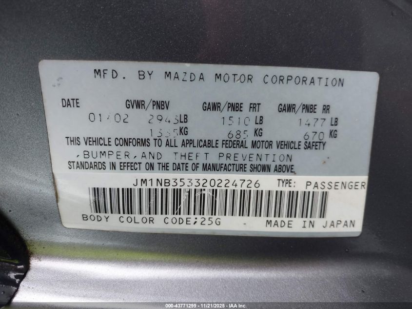 2002 Mazda Mx-5 Miata Cloth/Ls/Se VIN: JM1NB353320224726 Lot: 43771299