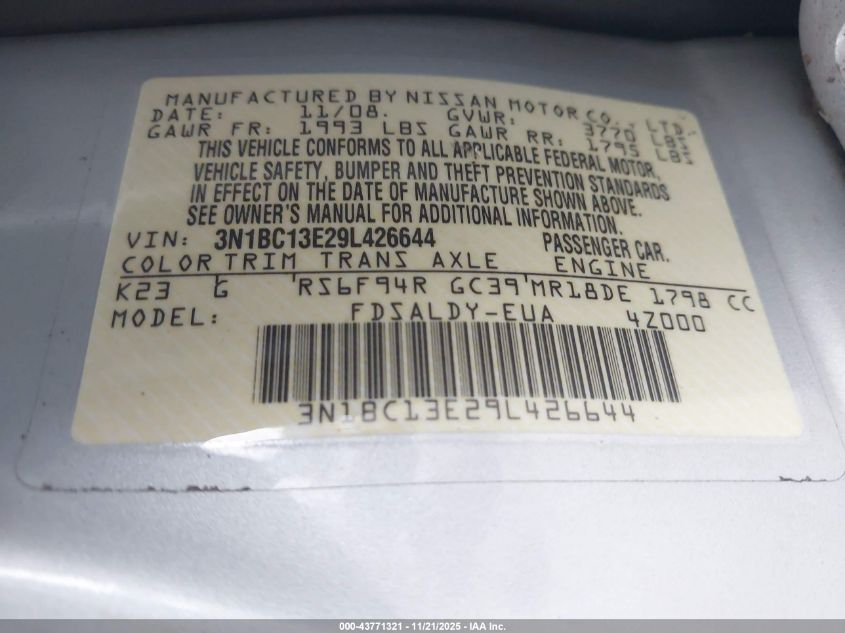 2009 Nissan Versa 1.8S VIN: 3N1BC13E29L426644 Lot: 43771321