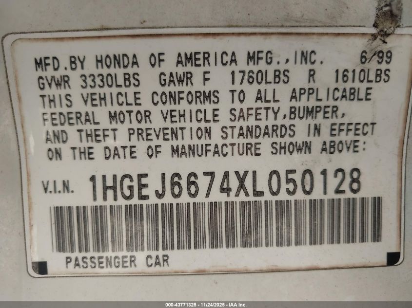 1999 Honda Civic Lx VIN: 1HGEJ6674XL050128 Lot: 43771325