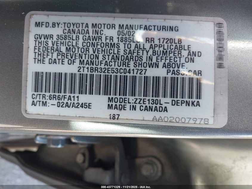 2003 Toyota Corolla Le VIN: 2T1BR32E53C041727 Lot: 43771329