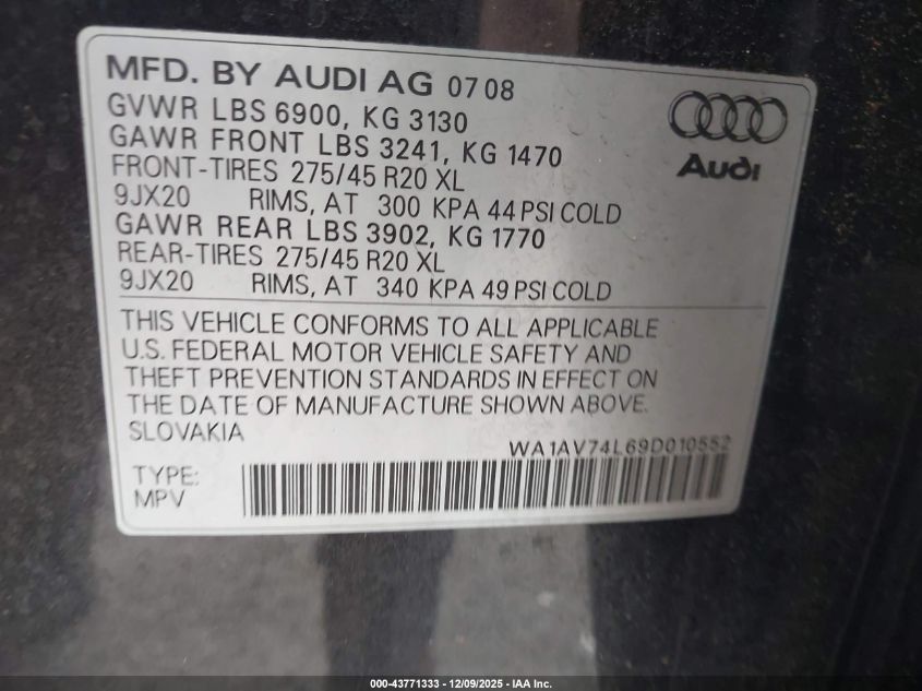 2009 Audi Q7 4.2 Prestige VIN: WA1AV74L69D010552 Lot: 43771333