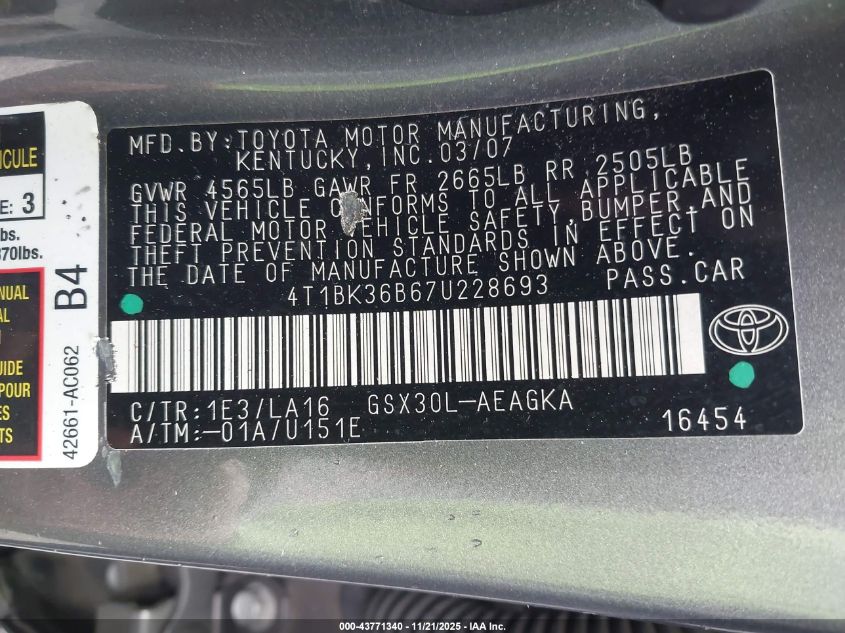 2007 Toyota Avalon Xls VIN: 4T1BK36B67U228693 Lot: 43771340