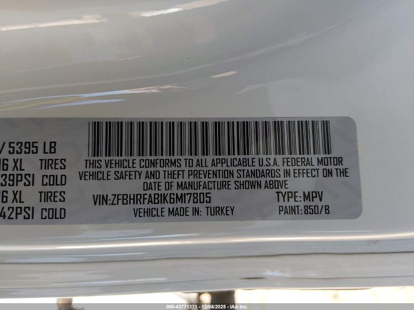 2019 Ram Promaster City Tradesman VIN: ZFBHRFAB1K6M17805 Lot: 43771371