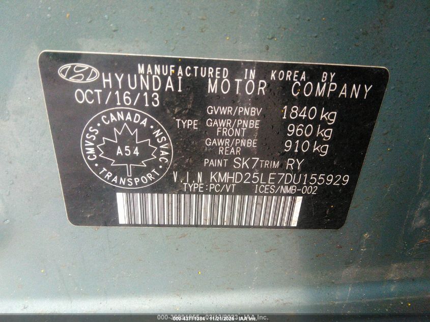 2013 Hyundai Elantra Gt Gl VIN: KMHD25LE7DU155929 Lot: 43771384