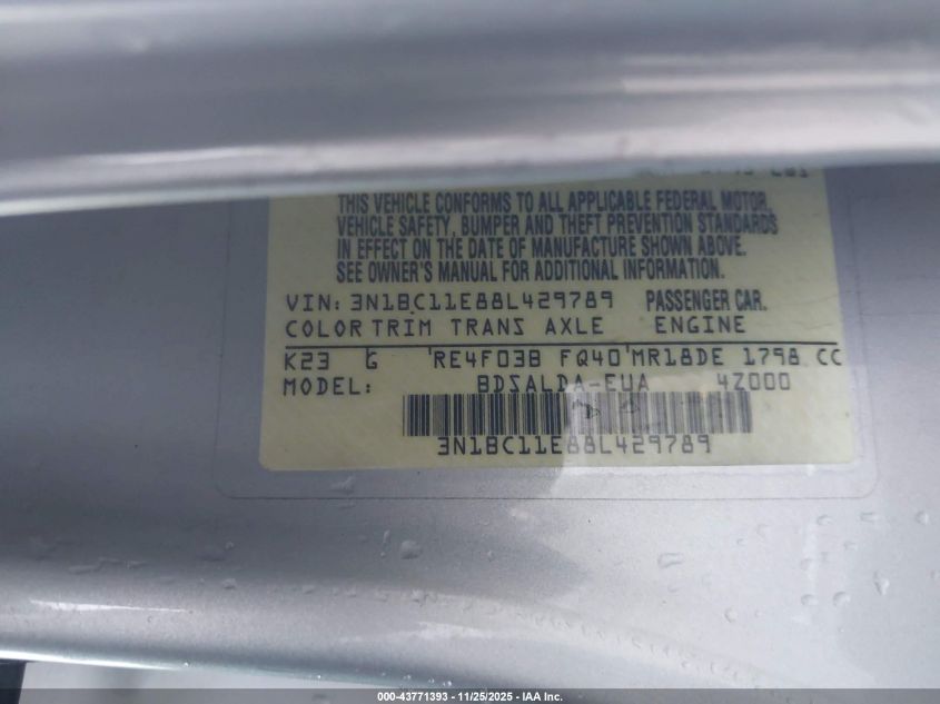 2008 Nissan Versa 1.8S VIN: 3N1BC11E88L429789 Lot: 43771393