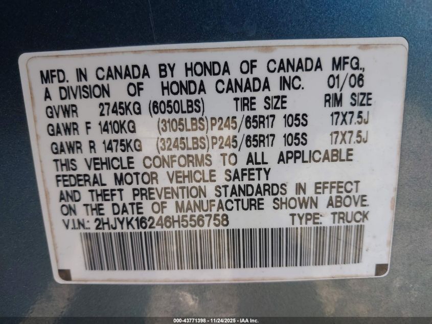 2006 Honda Ridgeline Rt VIN: 2HJYK16246H556758 Lot: 43771398