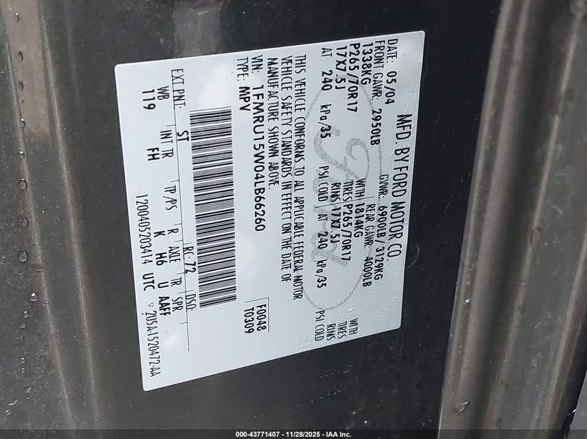 2004 Ford Expedition Xlt VIN: 1FMRU15W04LB66260 Lot: 43771407