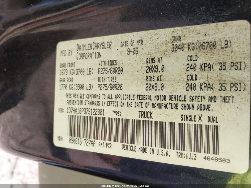 2007 Dodge Ram 1500 Slt VIN: 1D7HA18P37S122301 Lot: 43771422