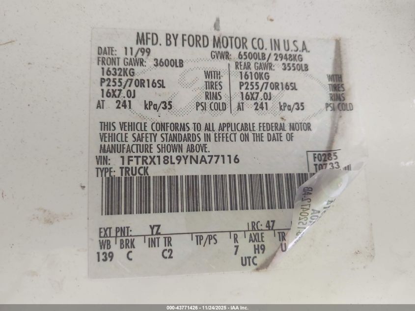 2000 Ford F-150 Lariat/Work Series/Xl/Xlt VIN: 1FTRX18L9YNA77116 Lot: 43771426