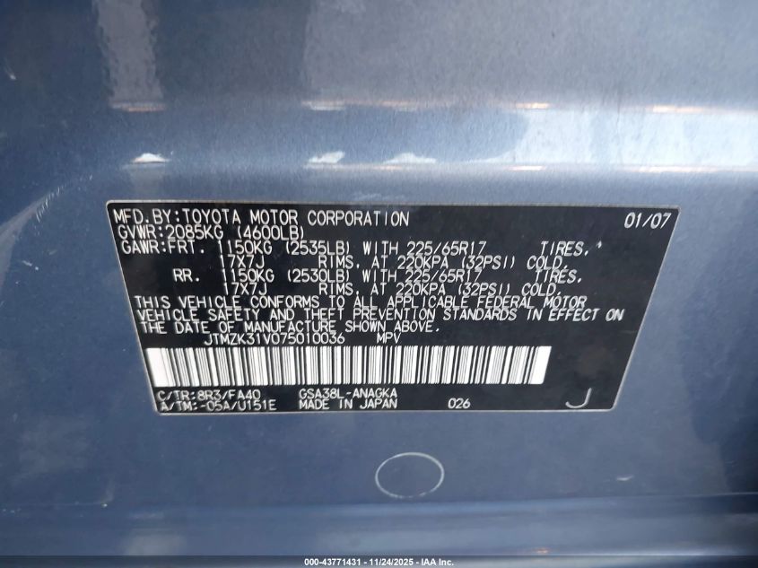 2007 Toyota Rav4 Limited V6 VIN: JTMZK31V075010036 Lot: 43771431