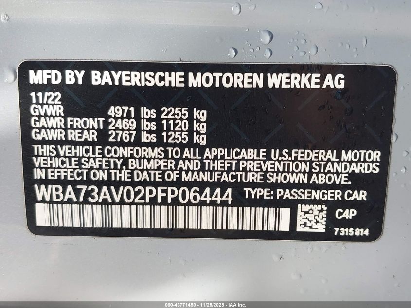 2023 BMW 430I Gran Coupe xDrive VIN: WBA73AV02PFP06444 Lot: 43771450