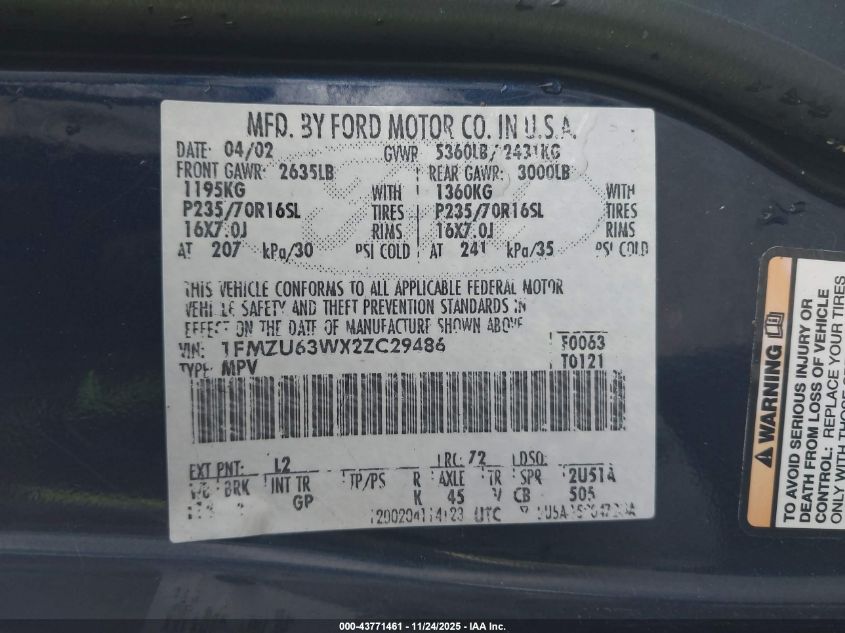 2002 Ford Explorer Xlt VIN: 1FMZU63WX2ZC29486 Lot: 43771461