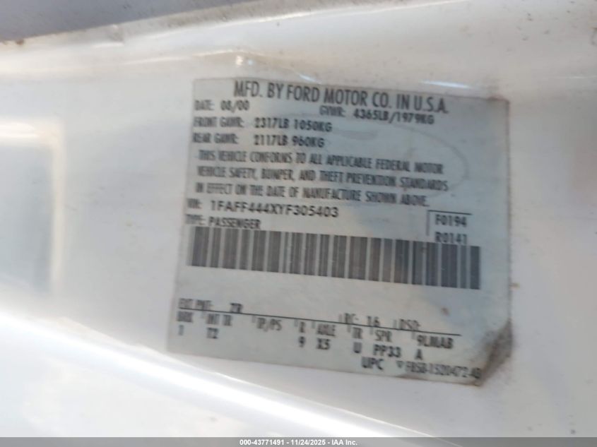 2000 Ford Mustang VIN: 1FAFP444XYF305403 Lot: 43771491