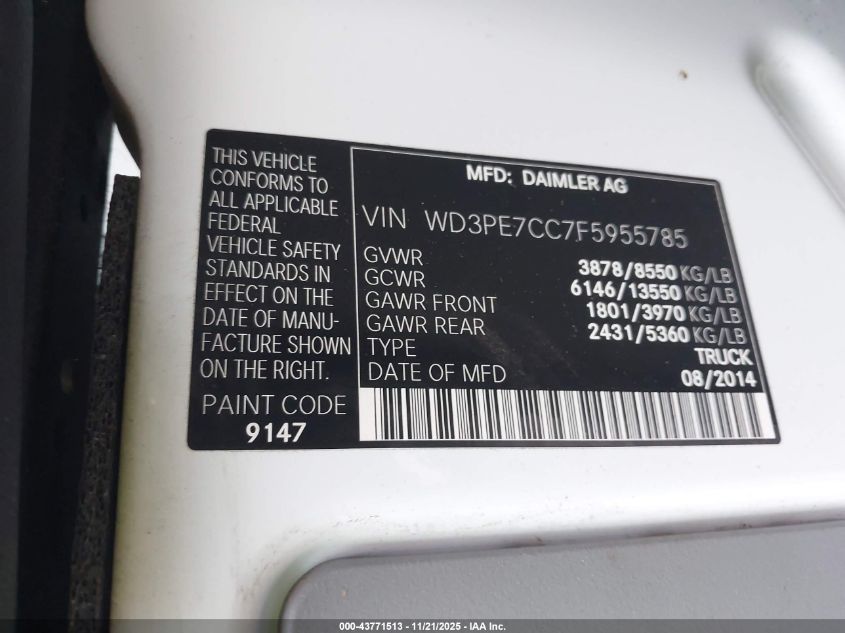 2015 Mercedes-Benz Sprinter 2500 Normal Roof VIN: WD3PE7CC7F5955785 Lot: 43771513