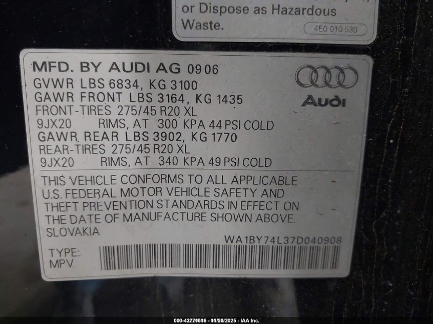 2007 Audi Q7 3.6 Premium VIN: WA1BY74L37D040908 Lot: 43771516