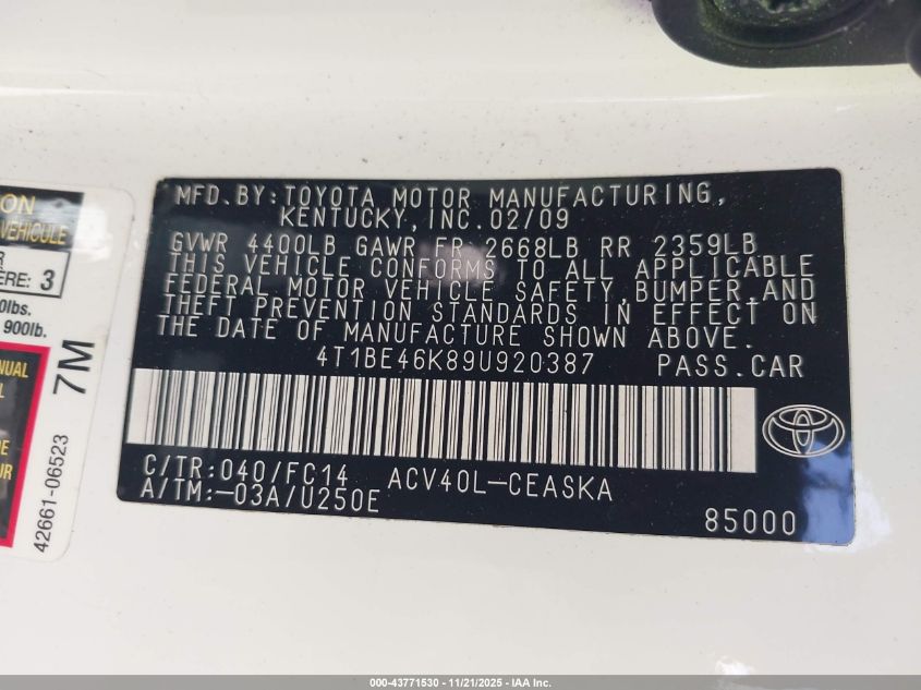 2009 Toyota Camry Se VIN: 4T1BE46K89U920387 Lot: 43771530