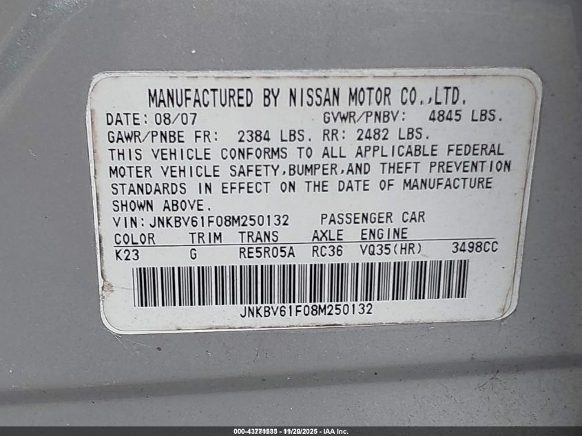 2008 Infiniti G35X VIN: JNKBV61F08M250132 Lot: 43771533