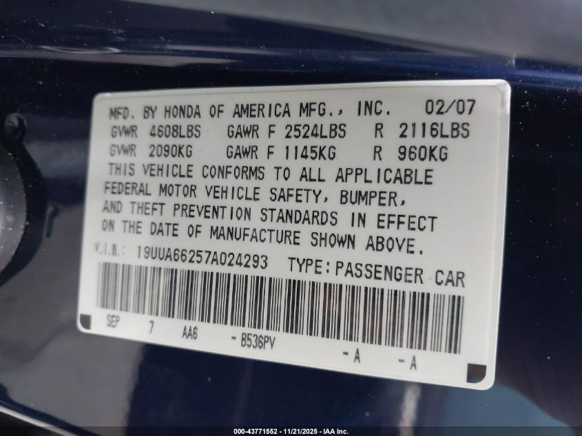 2007 Acura Tl 3.2 VIN: 19UUA66257A024293 Lot: 43771552