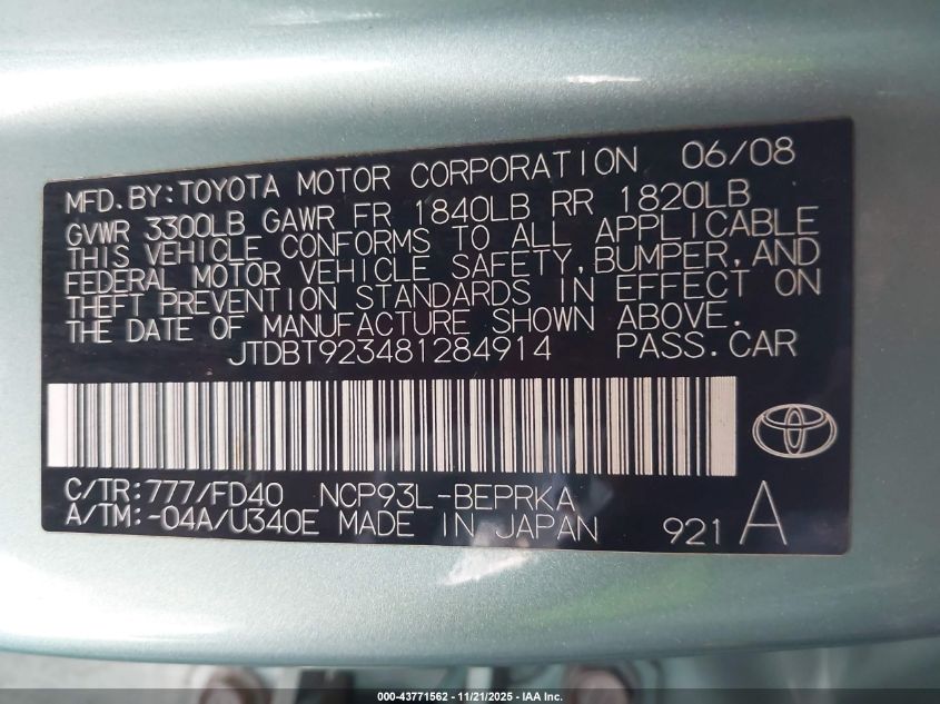 2008 Toyota Yaris VIN: JTDBT923481284914 Lot: 43771562