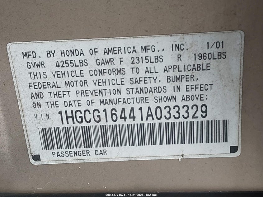 2001 Honda Accord 3.0 Lx VIN: 1HGCG16441A033329 Lot: 43771574