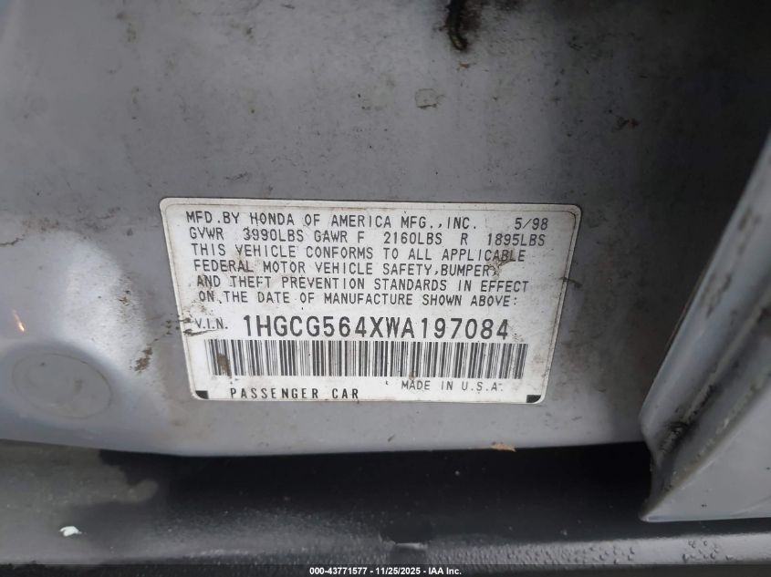 1998 Honda Accord Lx VIN: 1HGCG564XWA197084 Lot: 43771577