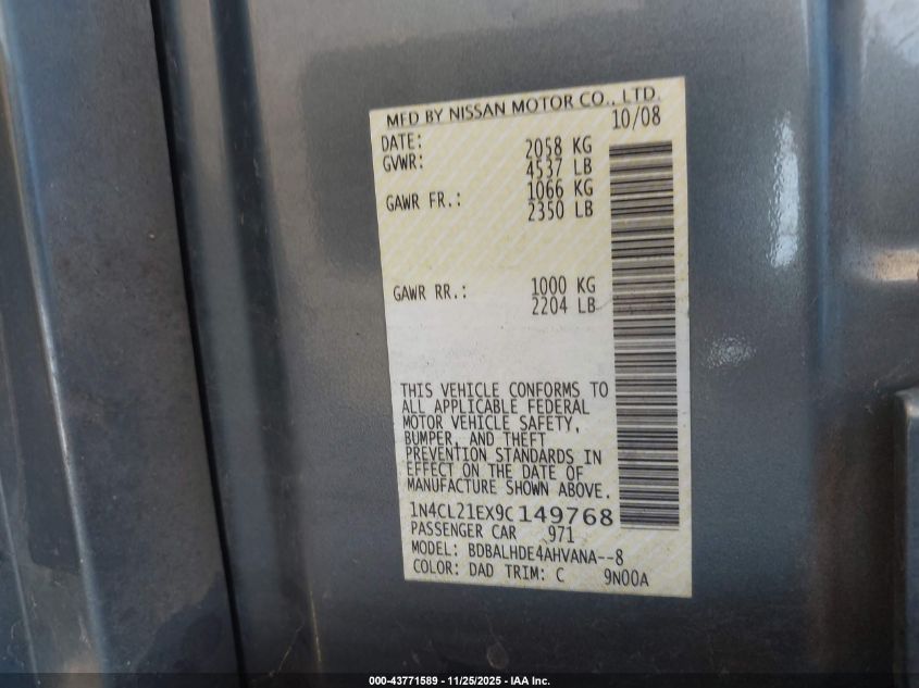 2009 Nissan Altima Hybrid VIN: 1N4CL21EX9C149768 Lot: 43771589