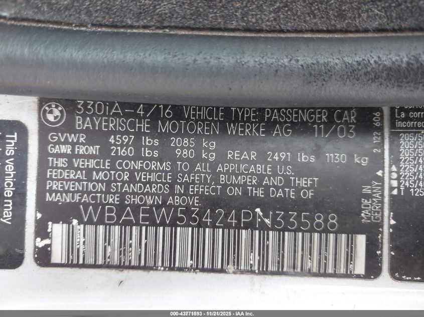 2004 BMW 330Xi VIN: WBAEW53424PN33588 Lot: 43771593
