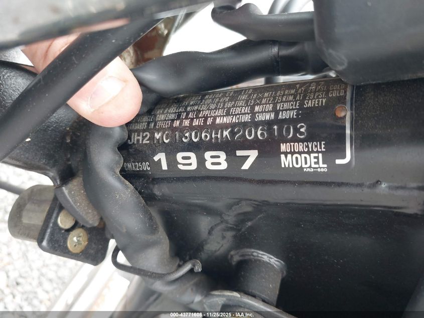 1987 Honda Cmx250 C VIN: JH2MC1306HK206103 Lot: 43771608